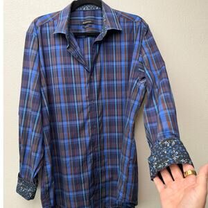 Bugatchi Plaid Button Front Shirt Blue Brown Gray Men’s L